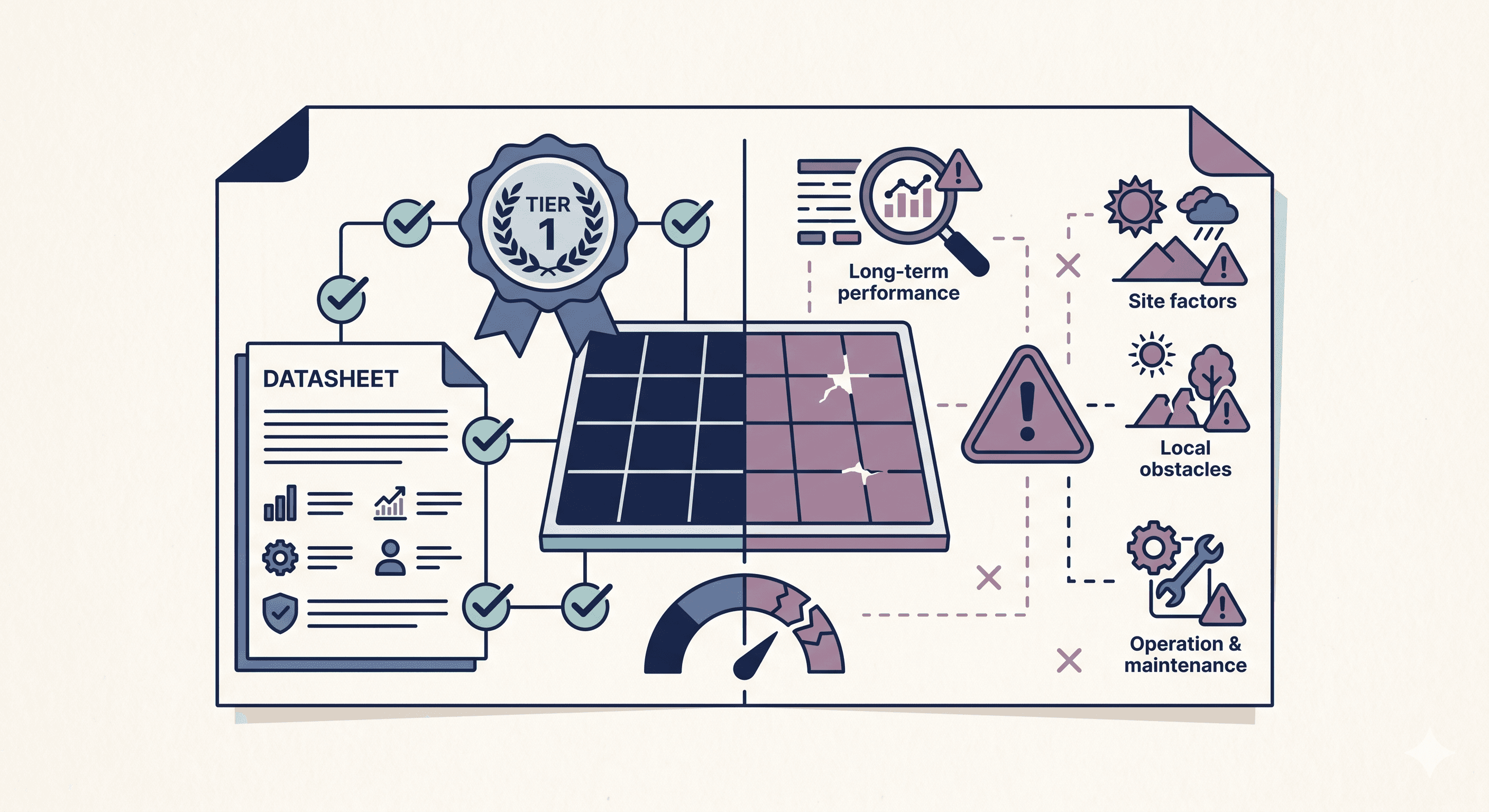 Editorial illustration explaining the Tier 1 solar panel label with a datasheet, badge, panel, and caution markers.