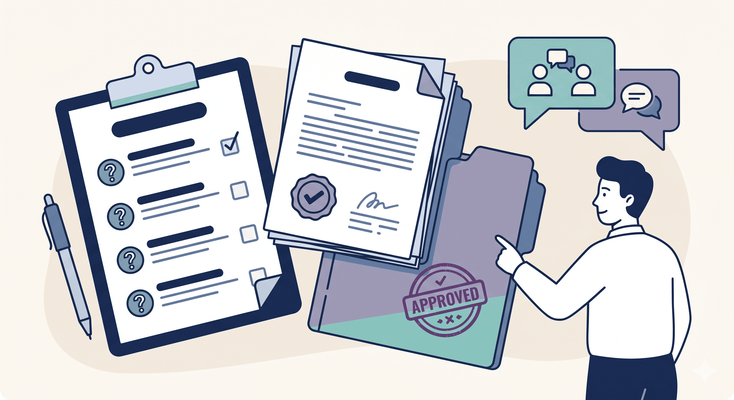 Editorial illustration of DISCO approval documents, checklist questions, stamped files, and supplier conversation cues.