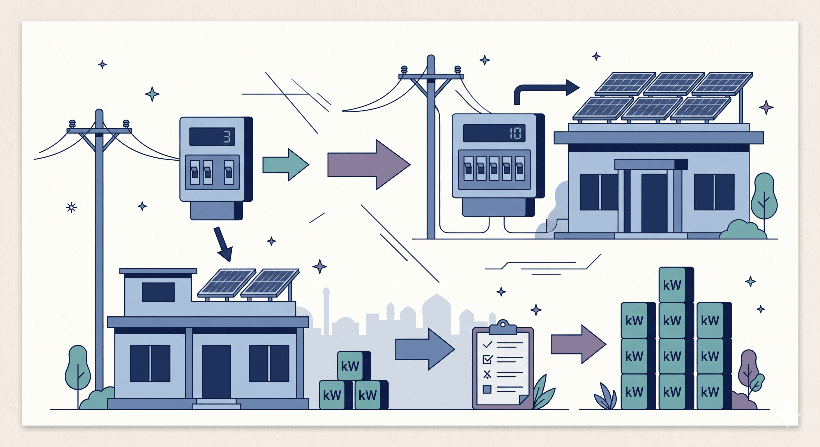 Editorial illustration showing sanctioned load meters, solar panels, kW blocks, and system sizing arrows.