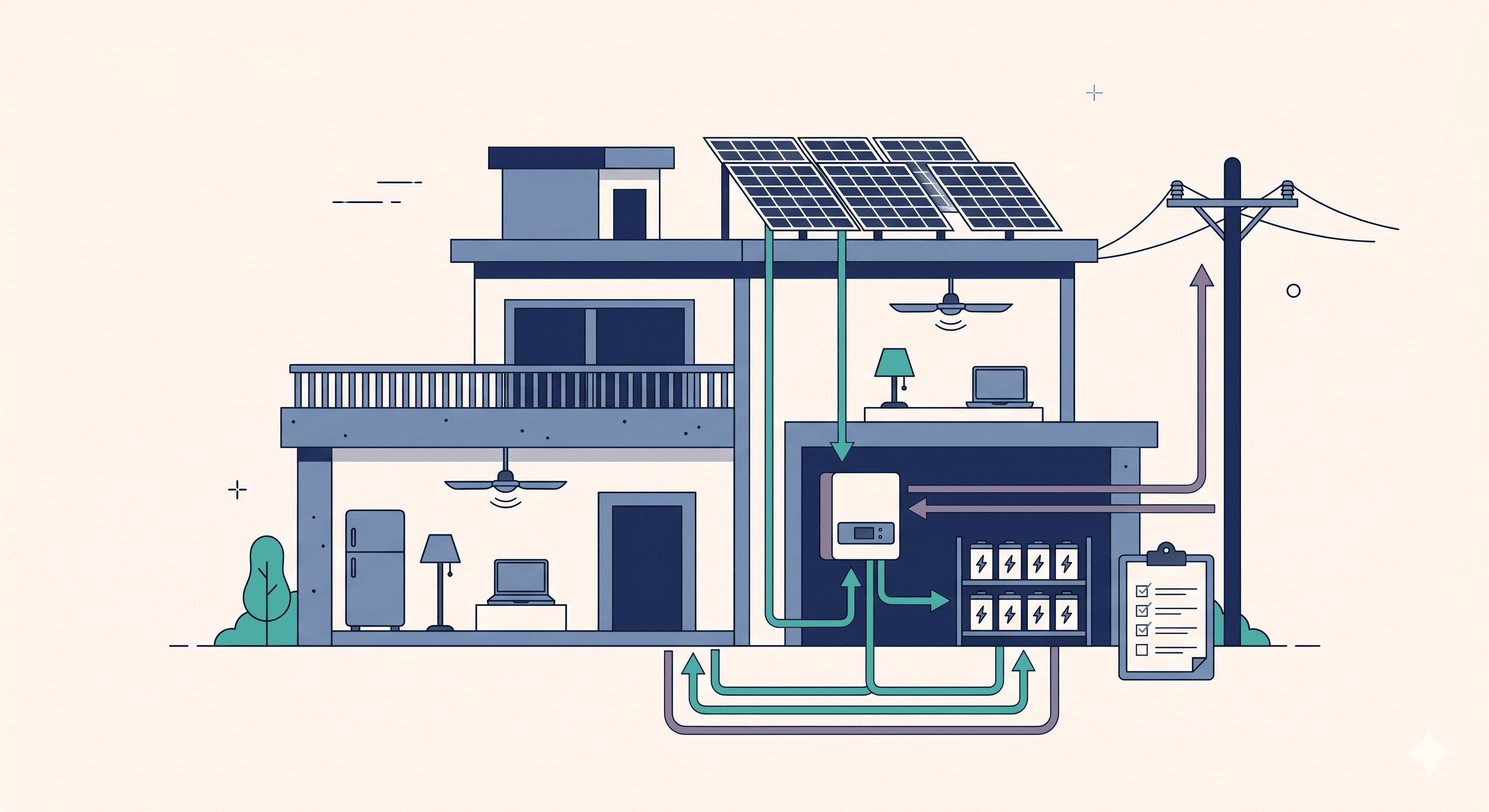 Editorial illustration of a hybrid solar system with battery storage, inverter, grid connection, and energy-flow arrows.