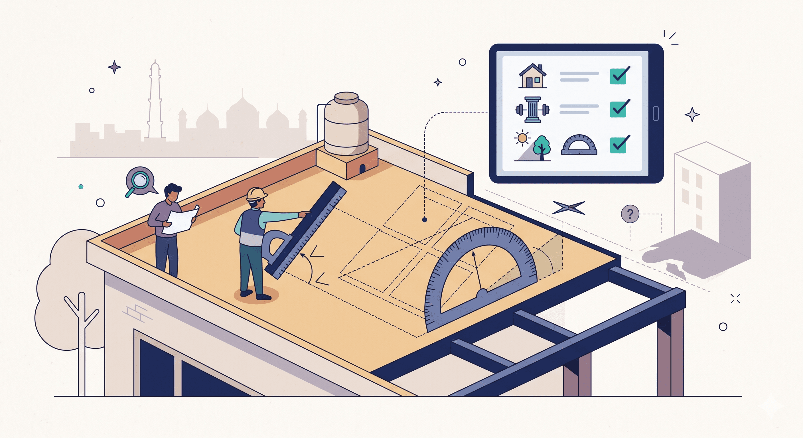 Editorial illustration of roof and structural assessment with panel placement outlines, inspection tools, and checkmarks.