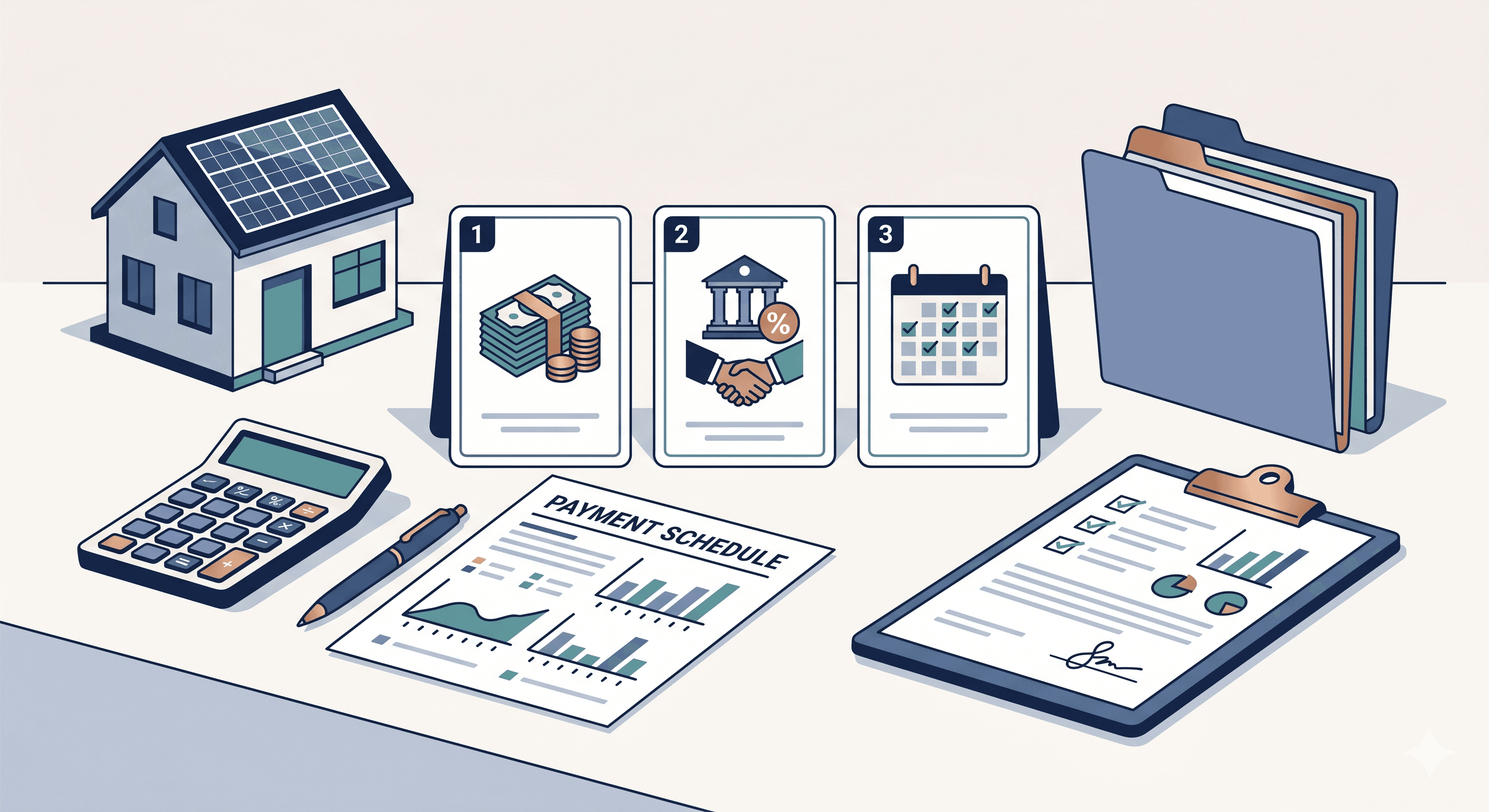 Editorial illustration of solar financing options with a calculator, payment schedule, option cards, and documents.