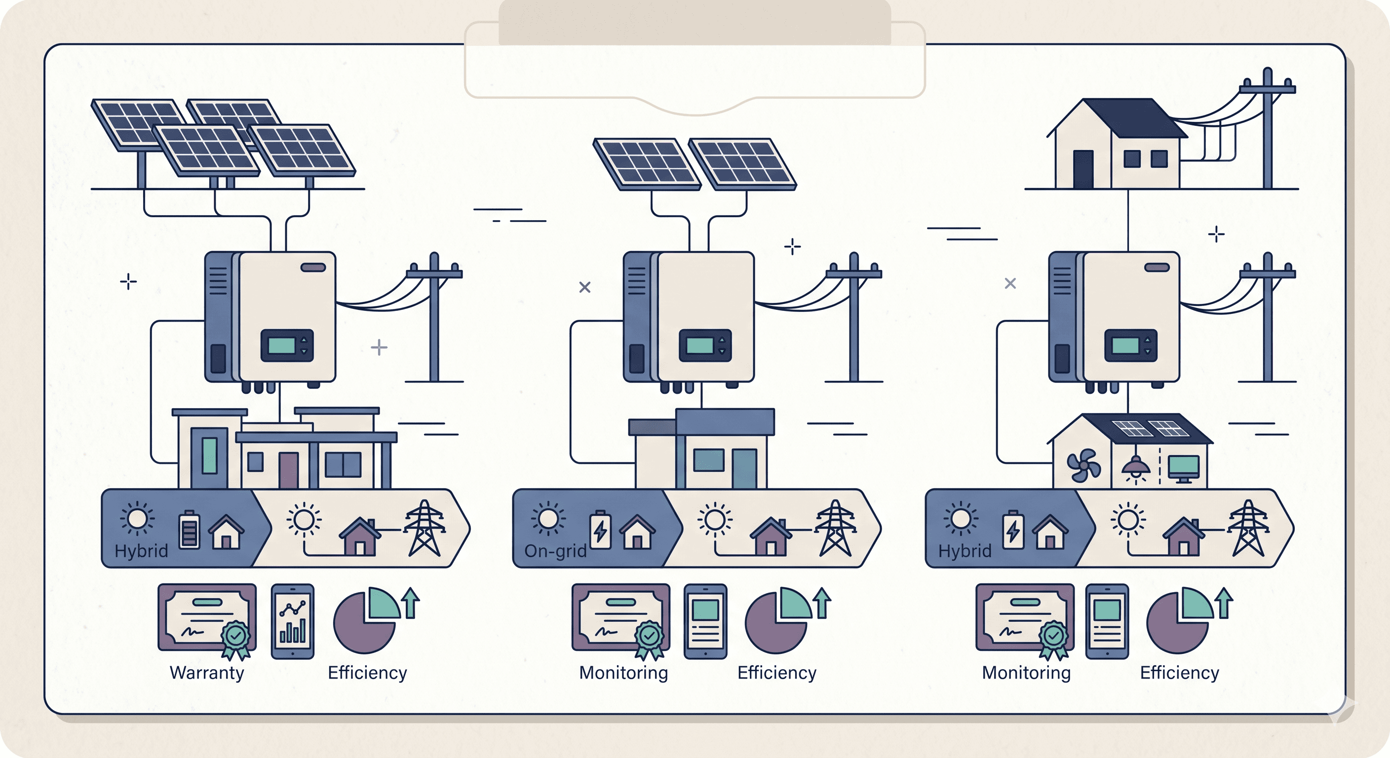 Editorial illustration comparing hybrid and on-grid solar inverter options with warranty, monitoring, and efficiency cues.