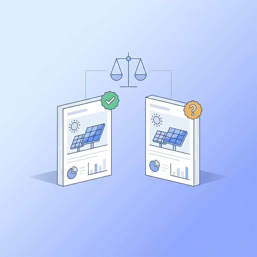 Editorial illustration of two solar proposal documents being compared on a balanced basis.