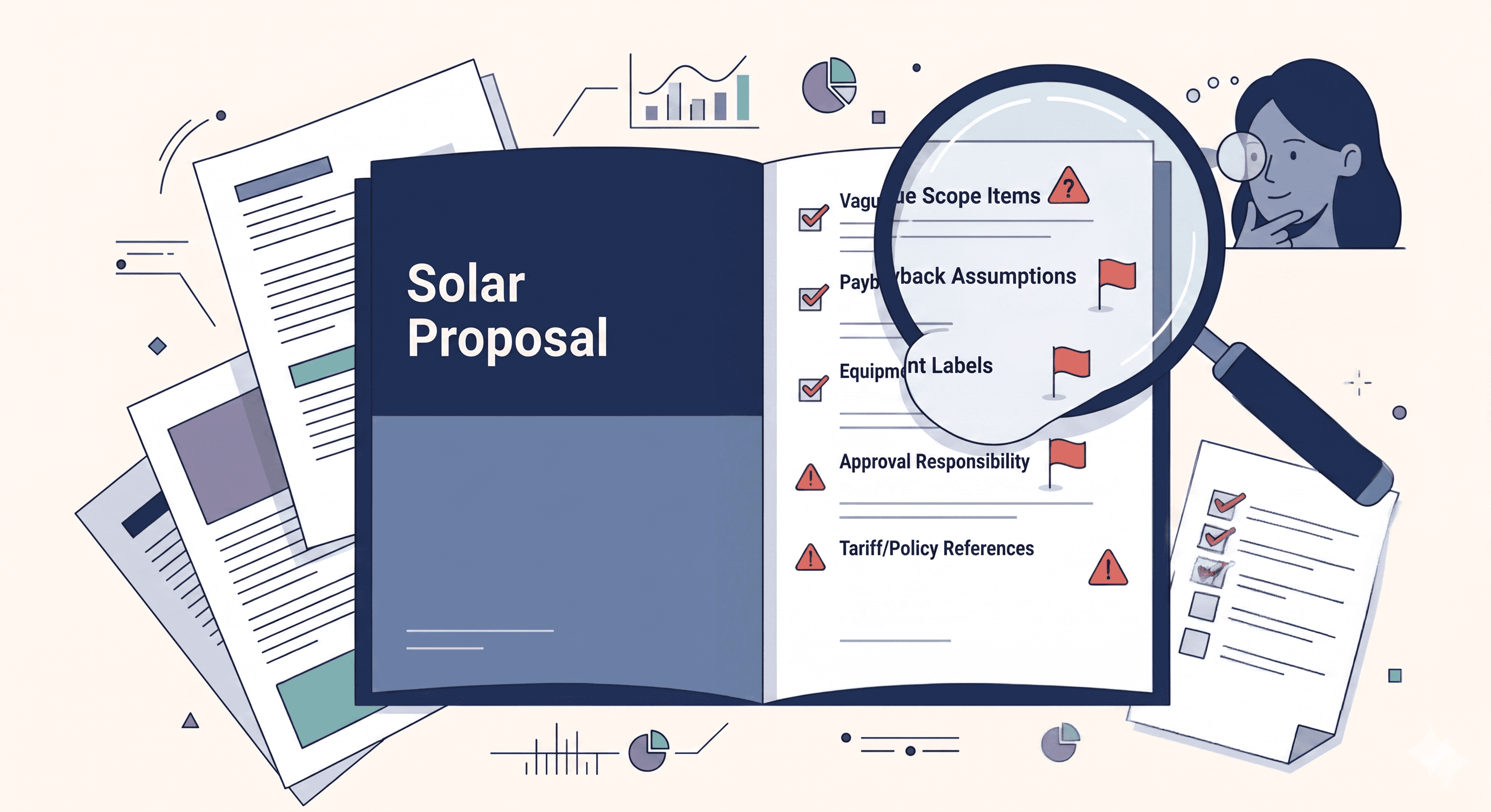 Editorial illustration of solar proposal assumptions, warning checks, and buyer review documents.