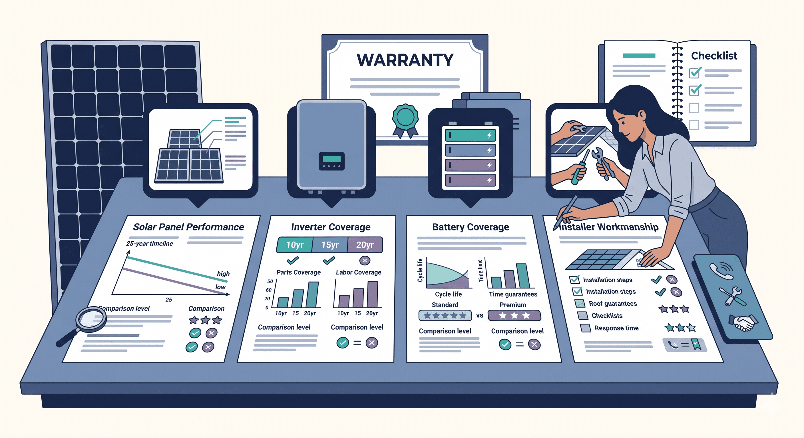 Editorial illustration of solar warranty documents, support terms, and equipment protection checks.