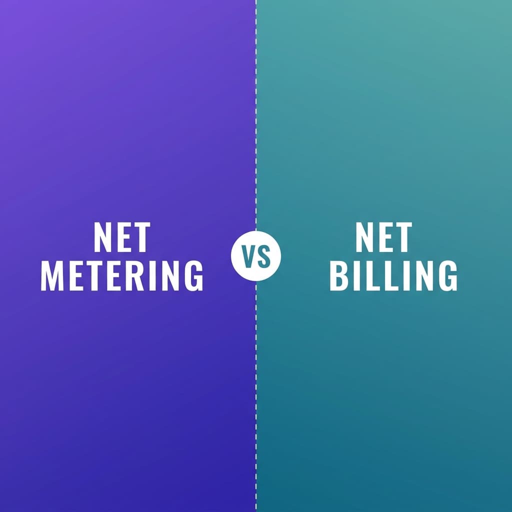 Split editorial graphic comparing net metering and net billing.