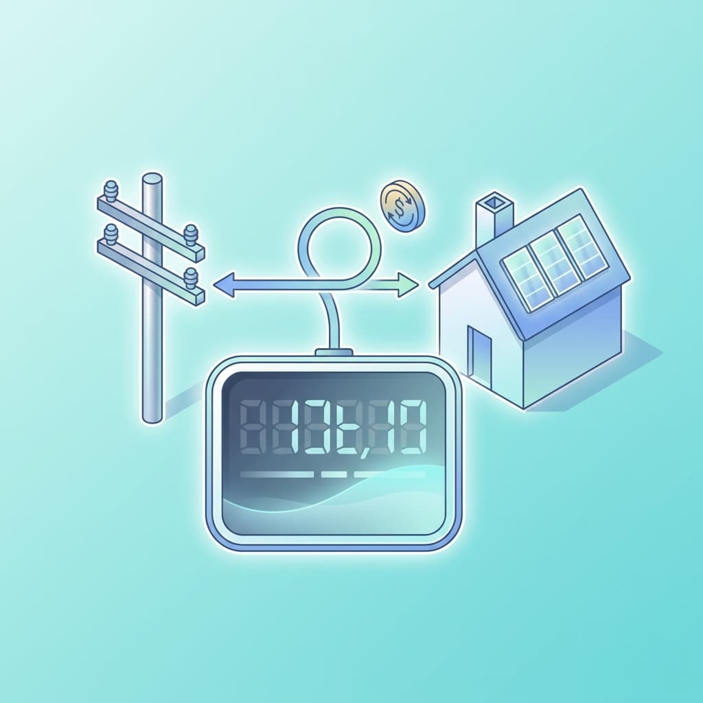 Editorial illustration of a solar home, utility pole, and meter for net billing.